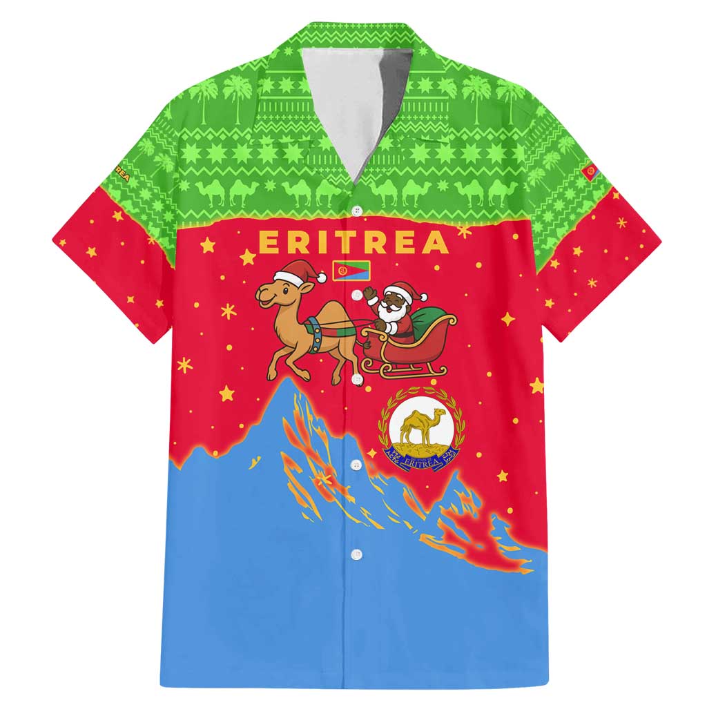 Eritrea Christmas Family Matching Mermaid Dress and Hawaiian Shirt with Santa Claus Camel Sleigh National Emblem and Red Green Blue Pattern - Wonder Print Shop