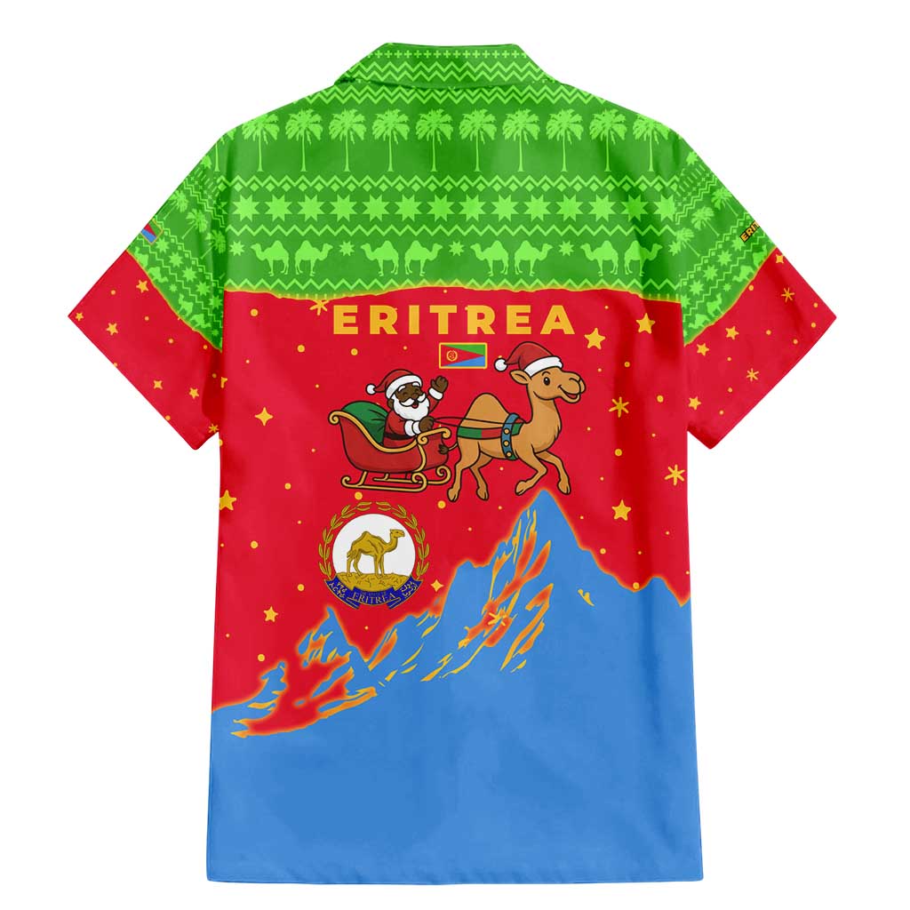 Eritrea Christmas Family Matching Mermaid Dress and Hawaiian Shirt with Santa Claus Camel Sleigh National Emblem and Red Green Blue Pattern - Wonder Print Shop