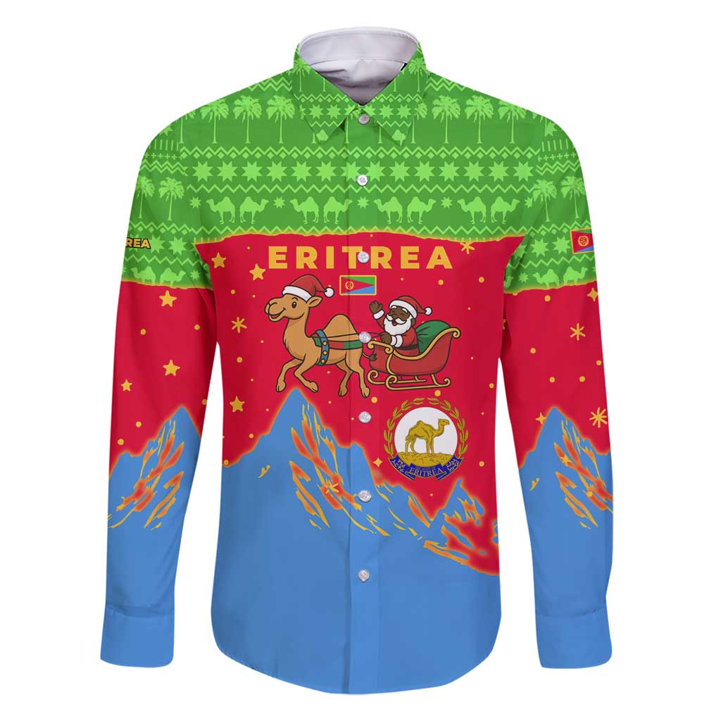 Eritrea Christmas Family Matching Mermaid Dress and Hawaiian Shirt with Santa Claus Camel Sleigh National Emblem and Red Green Blue Pattern - Wonder Print Shop