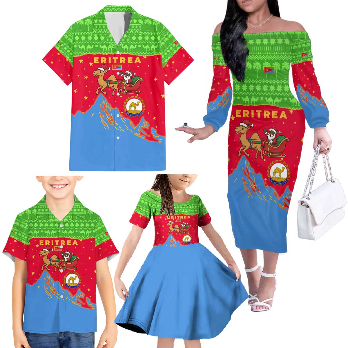 Eritrea Christmas Family Matching Off The Shoulder Long Sleeve Dress and Hawaiian Shirt with Santa Claus Camel Sleigh National Emblem and Red Green Blue Pattern - Wonder Print Shop