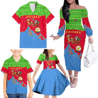 Eritrea Christmas Family Matching Off The Shoulder Long Sleeve Dress and Hawaiian Shirt with Santa Claus Camel Sleigh National Emblem and Red Green Blue Pattern - Wonder Print Shop
