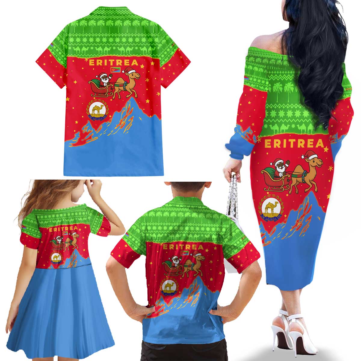 Eritrea Christmas Family Matching Off The Shoulder Long Sleeve Dress and Hawaiian Shirt with Santa Claus Camel Sleigh National Emblem and Red Green Blue Pattern - Wonder Print Shop