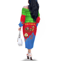 Eritrea Christmas Family Matching Off The Shoulder Long Sleeve Dress and Hawaiian Shirt with Santa Claus Camel Sleigh National Emblem and Red Green Blue Pattern - Wonder Print Shop