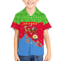 Eritrea Christmas Family Matching Off The Shoulder Long Sleeve Dress and Hawaiian Shirt with Santa Claus Camel Sleigh National Emblem and Red Green Blue Pattern - Wonder Print Shop