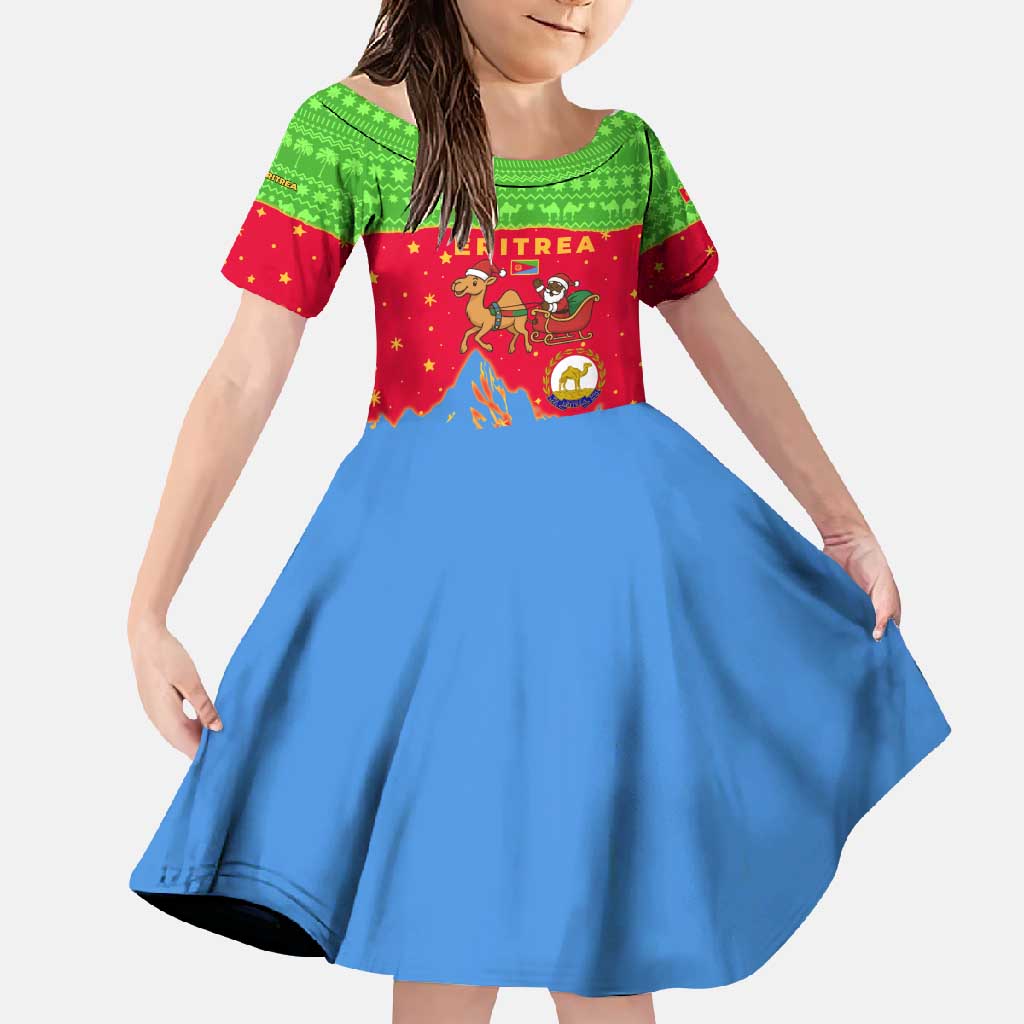 Eritrea Christmas Family Matching Off Shoulder Maxi Dress and Hawaiian Shirt with Santa Claus Camel Sleigh National Emblem and Red Green Blue Pattern - Wonder Print Shop