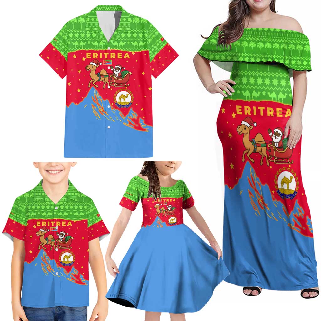 Eritrea Christmas Family Matching Off Shoulder Maxi Dress and Hawaiian Shirt with Santa Claus Camel Sleigh National Emblem and Red Green Blue Pattern - Wonder Print Shop
