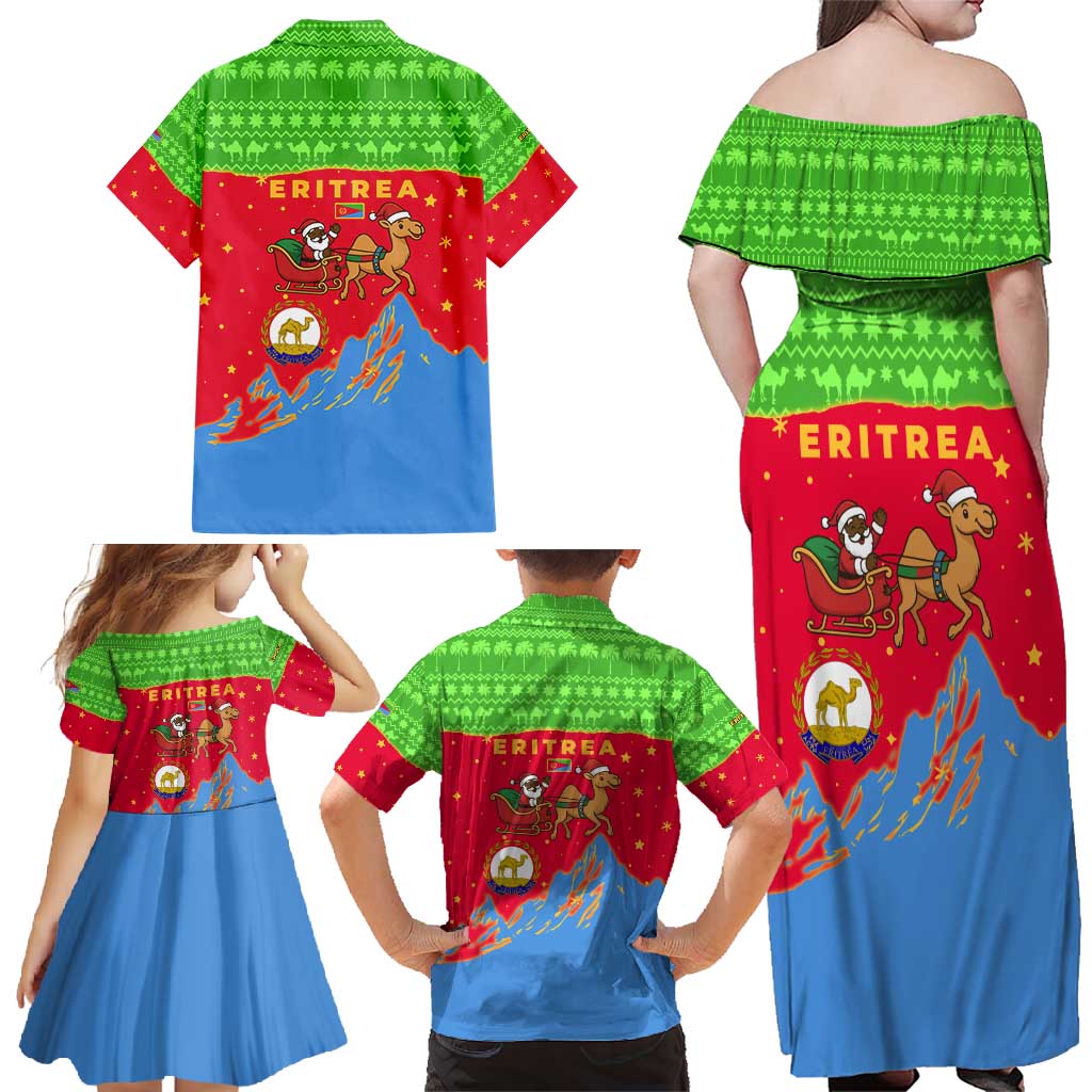 Eritrea Christmas Family Matching Off Shoulder Maxi Dress and Hawaiian Shirt with Santa Claus Camel Sleigh National Emblem and Red Green Blue Pattern - Wonder Print Shop