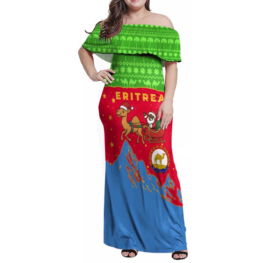 Eritrea Christmas Family Matching Off Shoulder Maxi Dress and Hawaiian Shirt with Santa Claus Camel Sleigh National Emblem and Red Green Blue Pattern - Wonder Print Shop