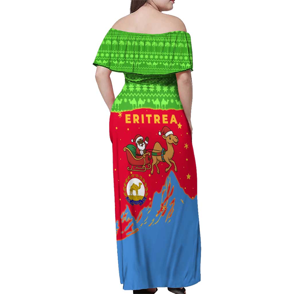 Eritrea Christmas Family Matching Off Shoulder Maxi Dress and Hawaiian Shirt with Santa Claus Camel Sleigh National Emblem and Red Green Blue Pattern - Wonder Print Shop