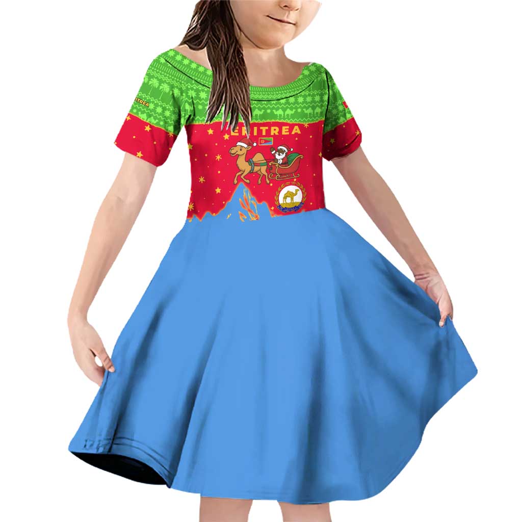 Eritrea Christmas Family Matching Off Shoulder Short Dress and Hawaiian Shirt with Santa Claus Camel Sleigh National Emblem and Red Green Blue Pattern - Wonder Print Shop