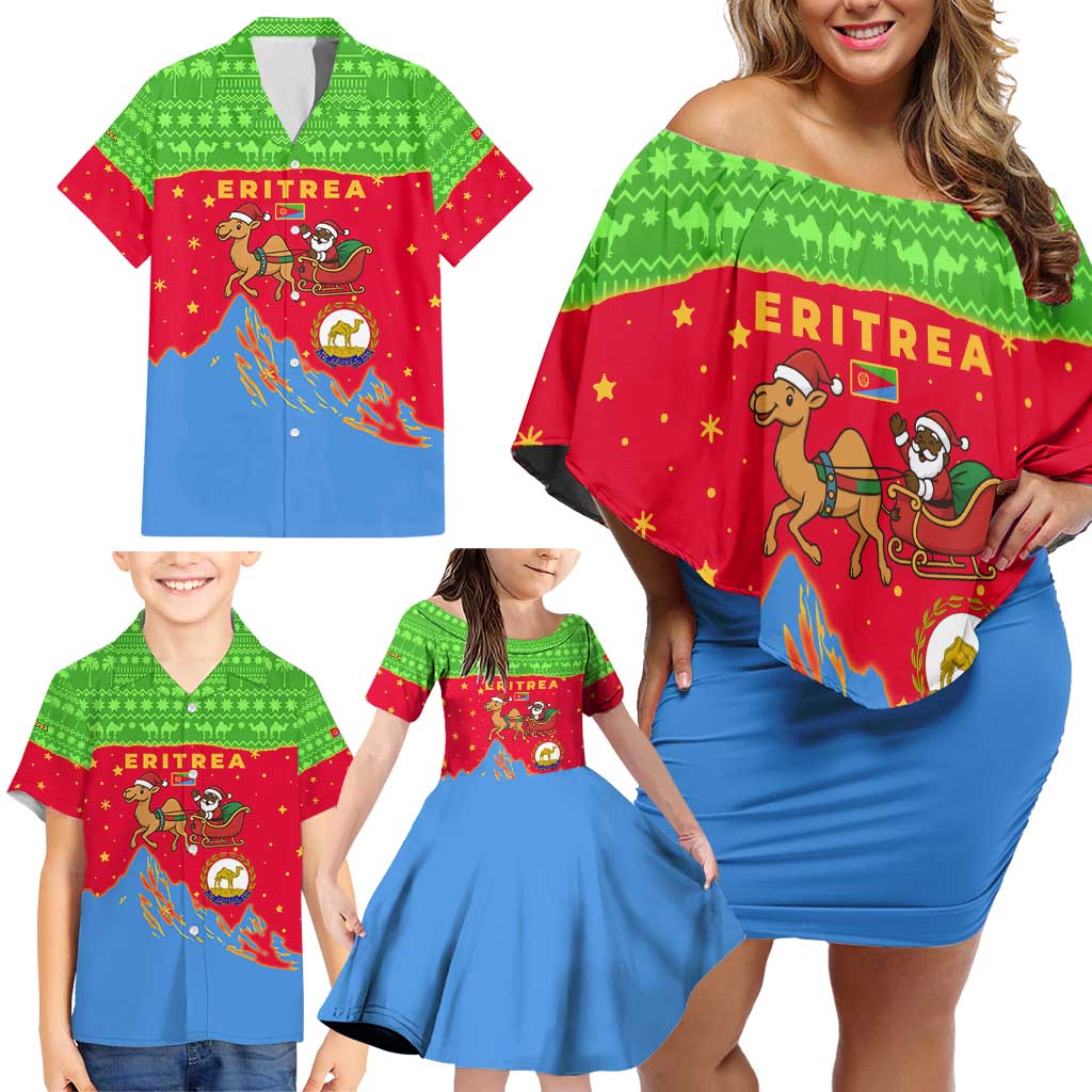 Eritrea Christmas Family Matching Off Shoulder Short Dress and Hawaiian Shirt with Santa Claus Camel Sleigh National Emblem and Red Green Blue Pattern - Wonder Print Shop