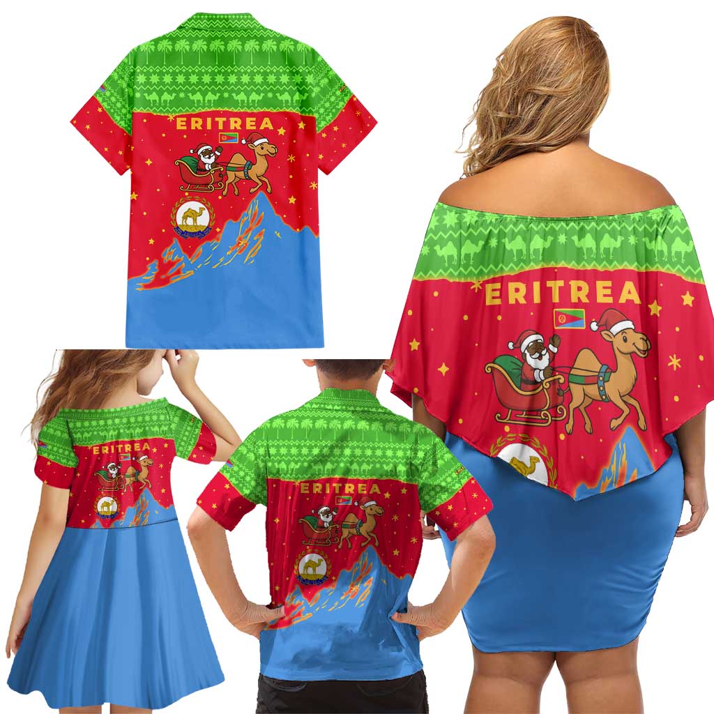 Eritrea Christmas Family Matching Off Shoulder Short Dress and Hawaiian Shirt with Santa Claus Camel Sleigh National Emblem and Red Green Blue Pattern - Wonder Print Shop