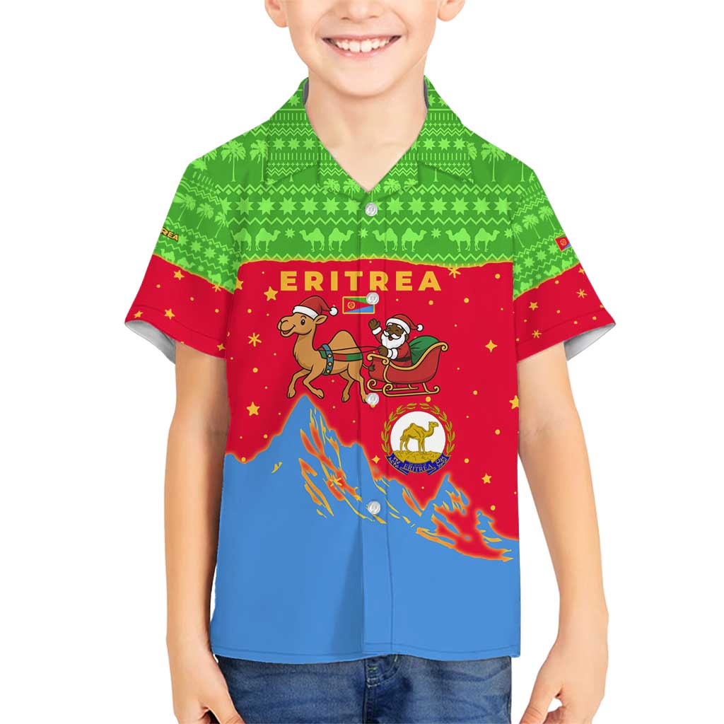 Eritrea Christmas Family Matching Off Shoulder Short Dress and Hawaiian Shirt with Santa Claus Camel Sleigh National Emblem and Red Green Blue Pattern - Wonder Print Shop