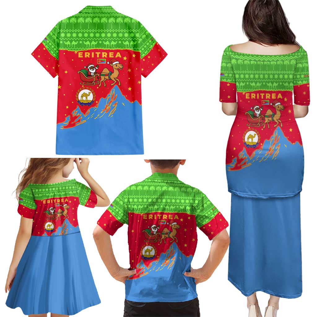 Eritrea Christmas Family Matching Puletasi and Hawaiian Shirt with Santa Claus Camel Sleigh National Emblem and Red Green Blue Pattern - Wonder Print Shop