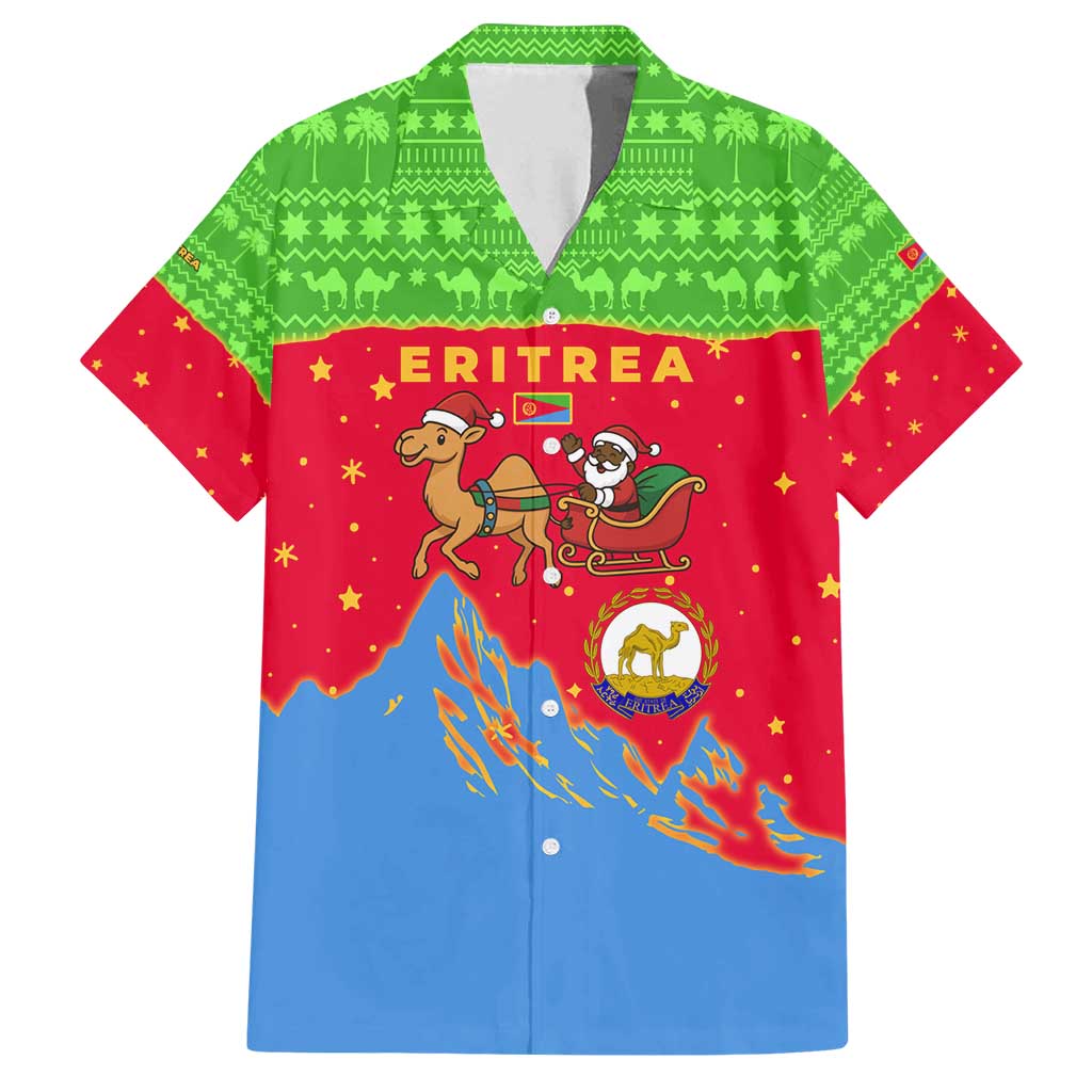 Eritrea Christmas Family Matching Puletasi and Hawaiian Shirt with Santa Claus Camel Sleigh National Emblem and Red Green Blue Pattern - Wonder Print Shop