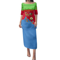 Eritrea Christmas Family Matching Puletasi and Hawaiian Shirt with Santa Claus Camel Sleigh National Emblem and Red Green Blue Pattern - Wonder Print Shop