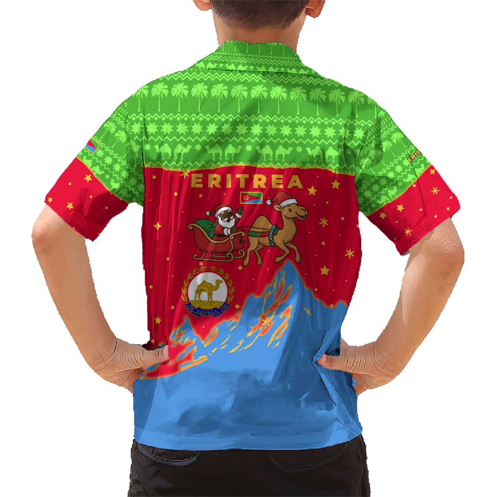 Eritrea Christmas Family Matching Short Sleeve Bodycon Dress and Hawaiian Shirt with Santa Claus Camel Sleigh National Emblem and Red Green Blue Pattern - Wonder Print Shop