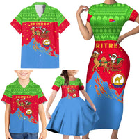 Eritrea Christmas Family Matching Short Sleeve Bodycon Dress and Hawaiian Shirt with Santa Claus Camel Sleigh National Emblem and Red Green Blue Pattern - Wonder Print Shop