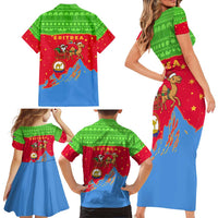 Eritrea Christmas Family Matching Short Sleeve Bodycon Dress and Hawaiian Shirt with Santa Claus Camel Sleigh National Emblem and Red Green Blue Pattern - Wonder Print Shop