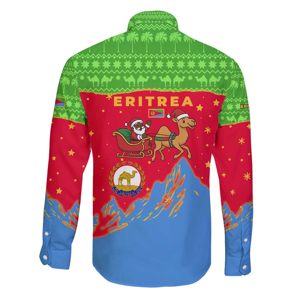 Eritrea Christmas Family Matching Short Sleeve Bodycon Dress and Hawaiian Shirt with Santa Claus Camel Sleigh National Emblem and Red Green Blue Pattern - Wonder Print Shop