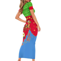 Eritrea Christmas Family Matching Short Sleeve Bodycon Dress and Hawaiian Shirt with Santa Claus Camel Sleigh National Emblem and Red Green Blue Pattern - Wonder Print Shop