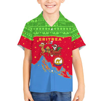 Eritrea Christmas Family Matching Short Sleeve Bodycon Dress and Hawaiian Shirt with Santa Claus Camel Sleigh National Emblem and Red Green Blue Pattern - Wonder Print Shop