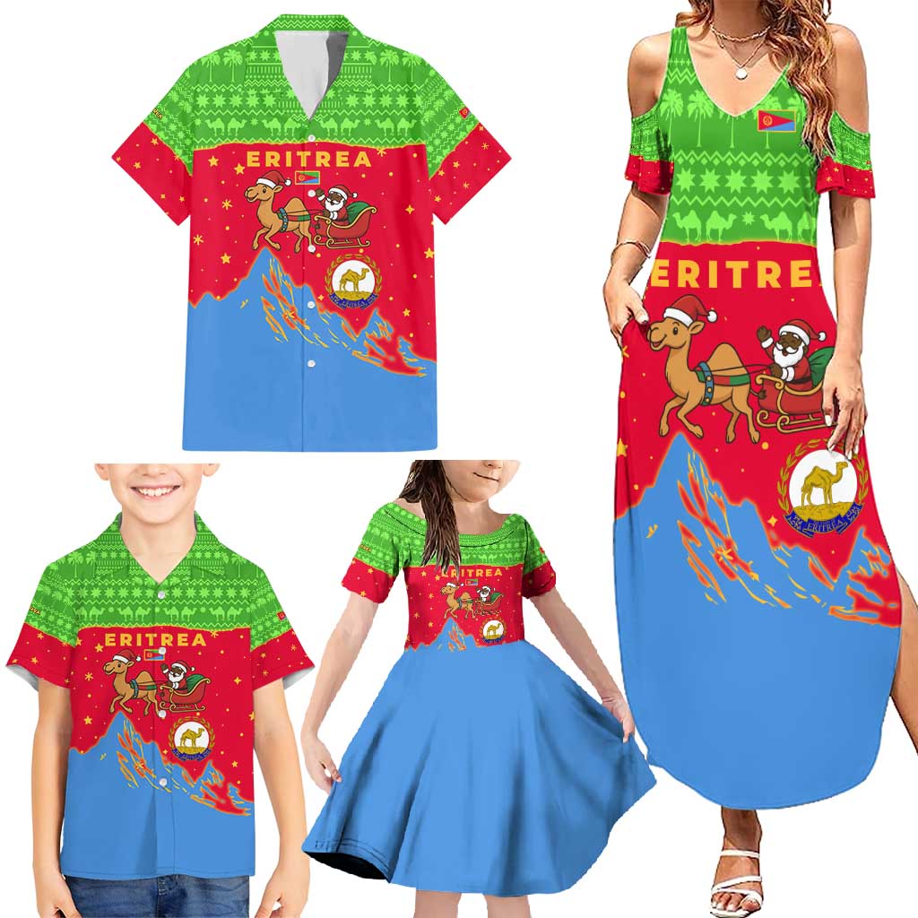 Eritrea Christmas Family Matching Summer Maxi Dress and Hawaiian Shirt with Santa Claus Camel Sleigh National Emblem and Red Green Blue Pattern - Wonder Print Shop