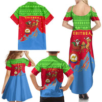 Eritrea Christmas Family Matching Summer Maxi Dress and Hawaiian Shirt with Santa Claus Camel Sleigh National Emblem and Red Green Blue Pattern - Wonder Print Shop