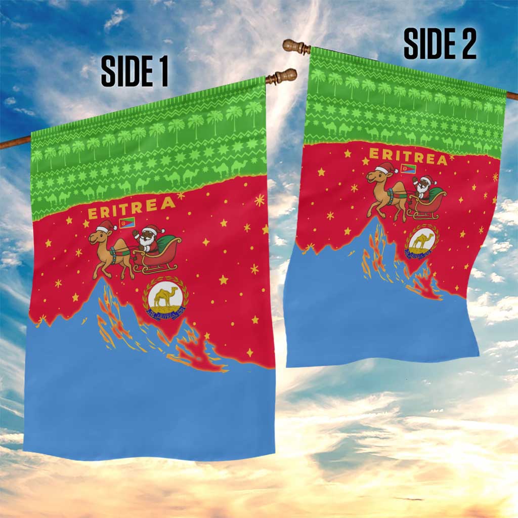 Eritrea Christmas Garden Flag with Santa Claus Camel Sleigh National Emblem and Red Green Blue Pattern - Wonder Print Shop