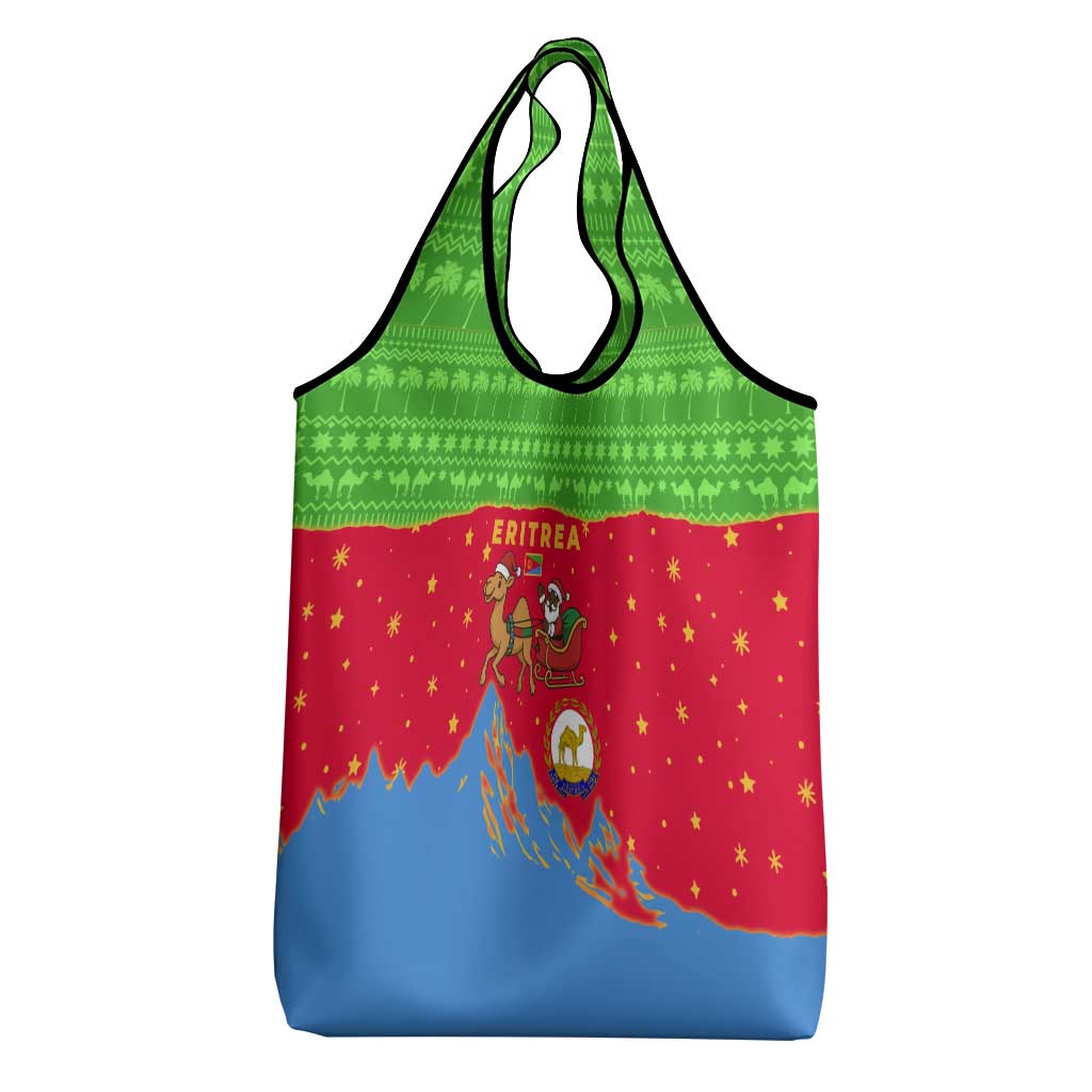 Eritrea Christmas Grocery Bag with Santa Claus Camel Sleigh National Emblem and Red Green Blue Pattern - Wonder Print Shop