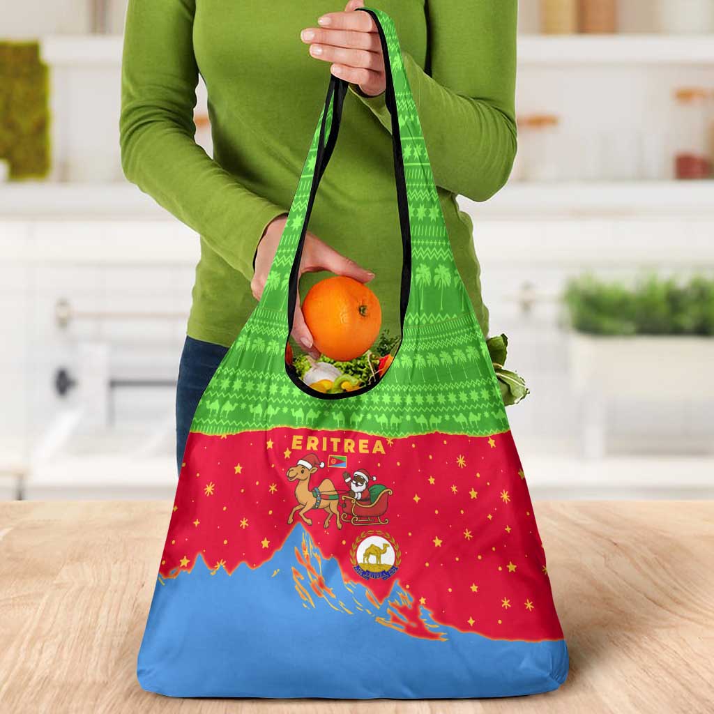 Eritrea Christmas Grocery Bag with Santa Claus Camel Sleigh National Emblem and Red Green Blue Pattern - Wonder Print Shop