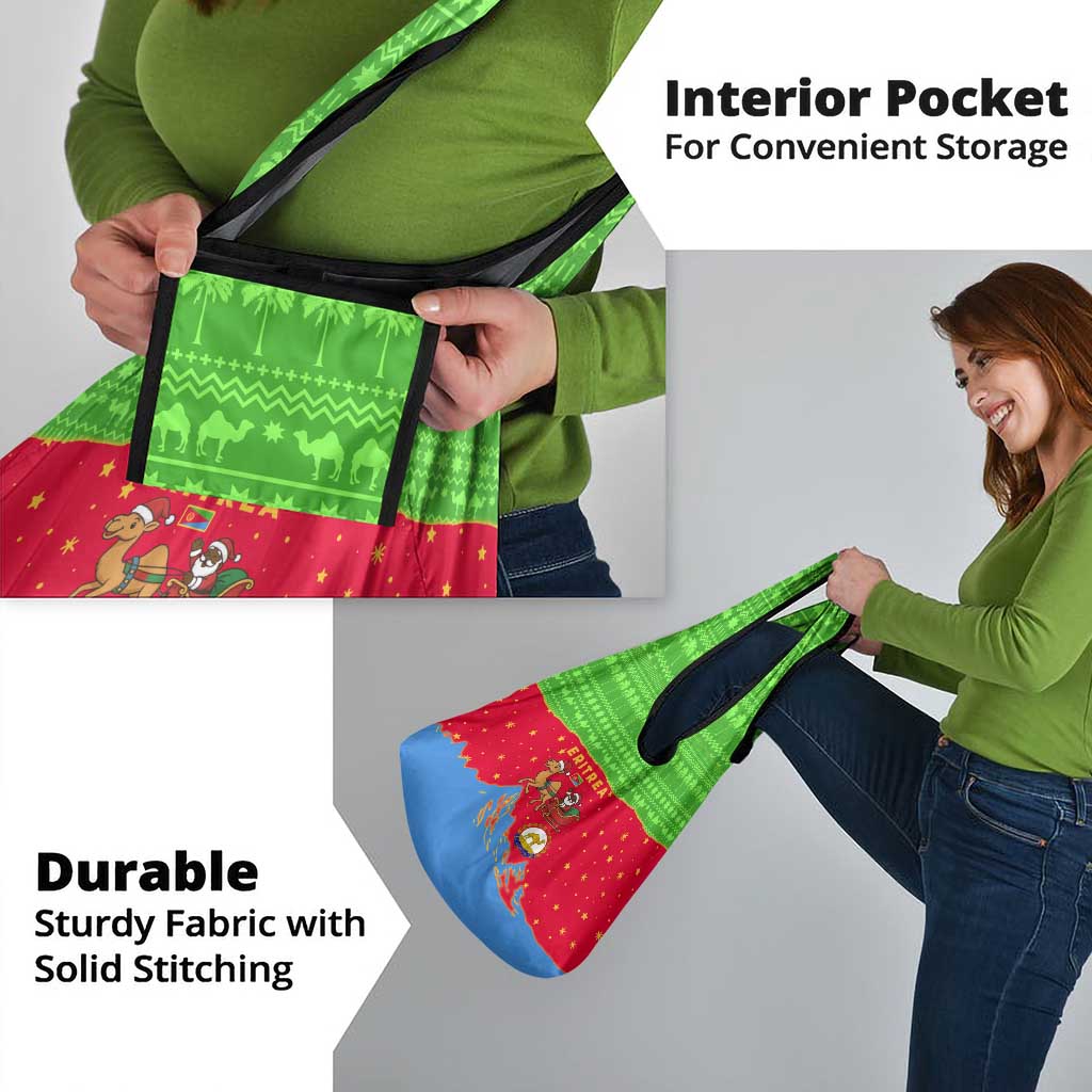 Eritrea Christmas Grocery Bag with Santa Claus Camel Sleigh National Emblem and Red Green Blue Pattern - Wonder Print Shop