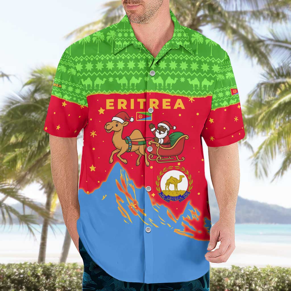Eritrea Christmas Hawaiian Shirt with Santa Claus Camel Sleigh National Emblem and Red Green Blue Pattern - Wonder Print Shop