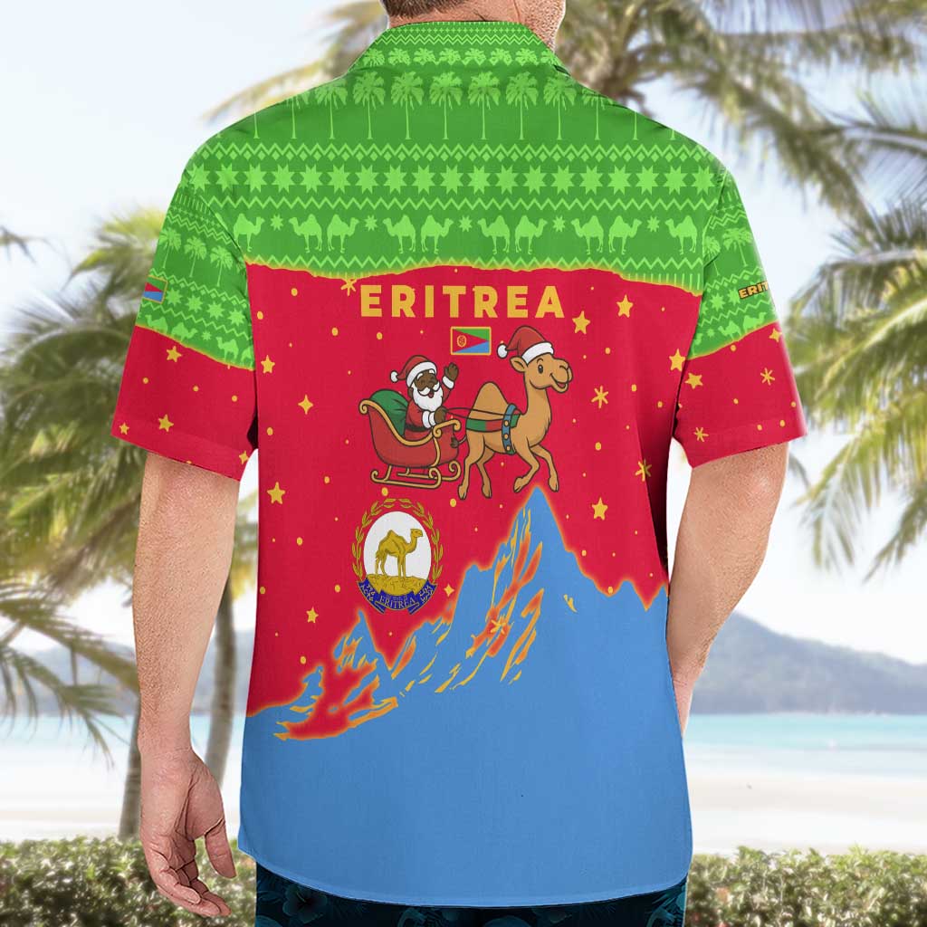Eritrea Christmas Hawaiian Shirt with Santa Claus Camel Sleigh National Emblem and Red Green Blue Pattern - Wonder Print Shop