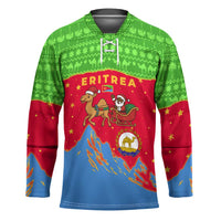 Eritrea Christmas Hockey Jersey with Santa Claus Camel Sleigh National Emblem and Red Green Blue Pattern - Wonder Print Shop