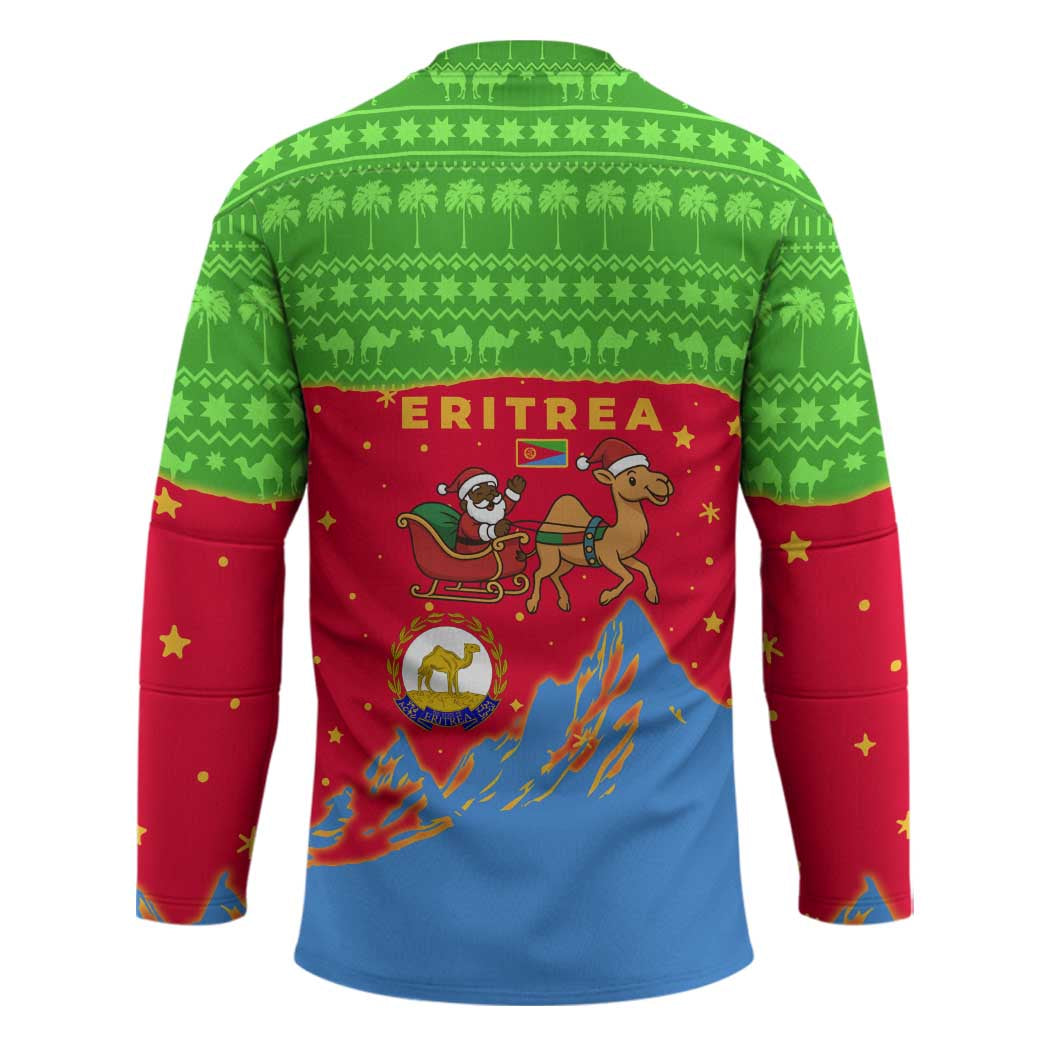 Eritrea Christmas Hockey Jersey with Santa Claus Camel Sleigh National Emblem and Red Green Blue Pattern - Wonder Print Shop