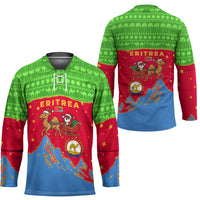Eritrea Christmas Hockey Jersey with Santa Claus Camel Sleigh National Emblem and Red Green Blue Pattern - Wonder Print Shop