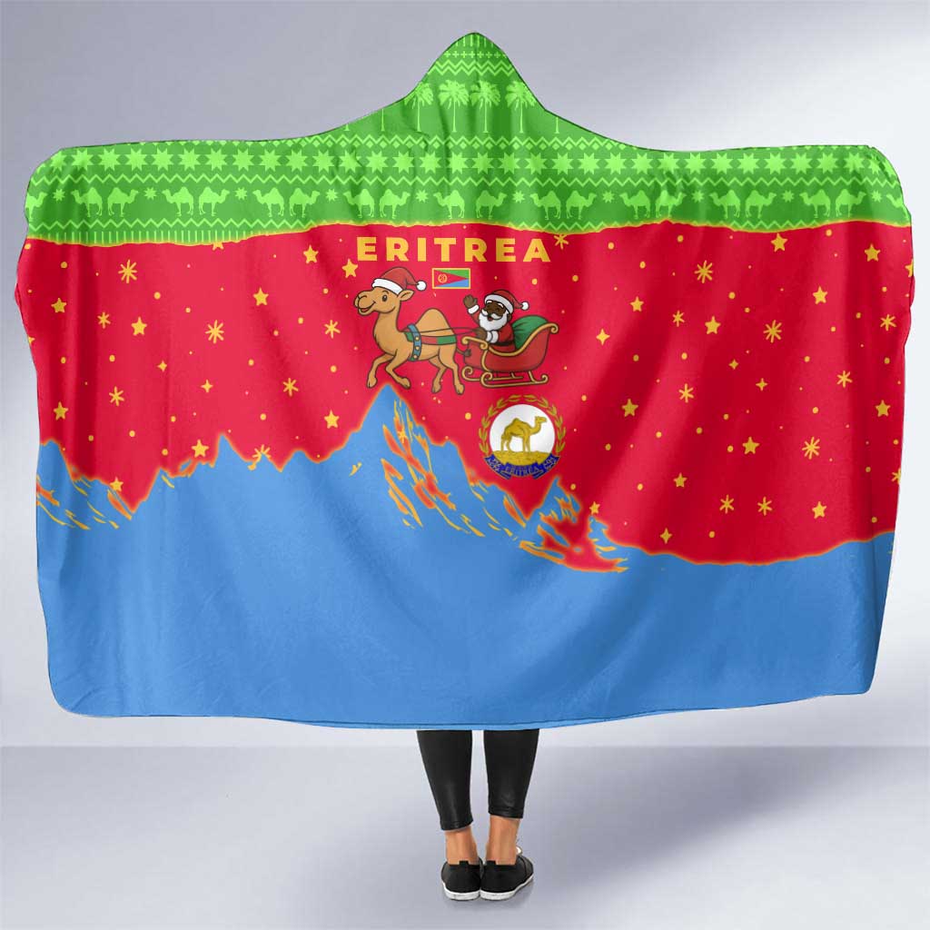 Eritrea Christmas Hooded Blanket with Santa Claus Camel Sleigh National Emblem and Red Green Blue Pattern - Wonder Print Shop