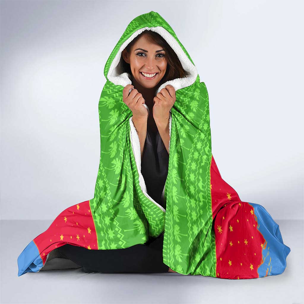 Eritrea Christmas Hooded Blanket with Santa Claus Camel Sleigh National Emblem and Red Green Blue Pattern - Wonder Print Shop