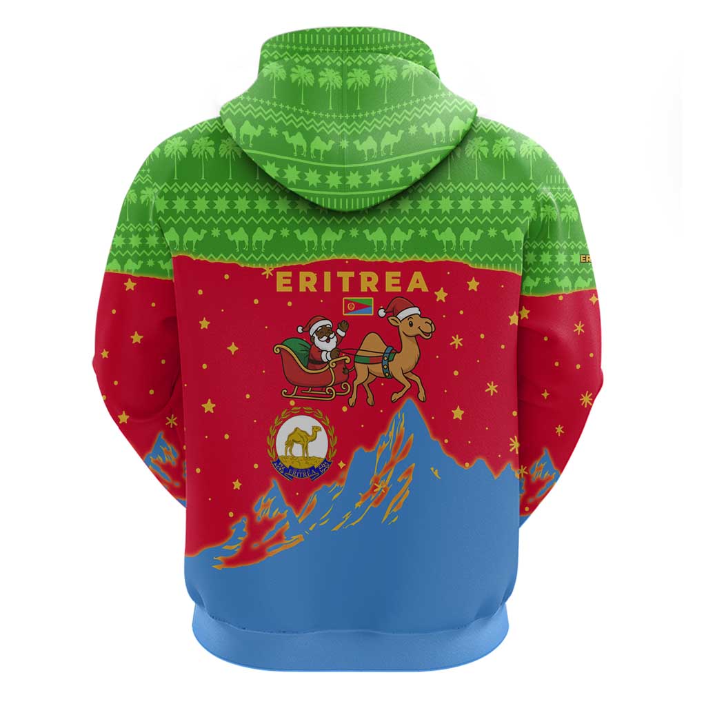 Eritrea Christmas Hoodie with Santa Claus Camel Sleigh National Emblem and Red Green Blue Pattern - Wonder Print Shop
