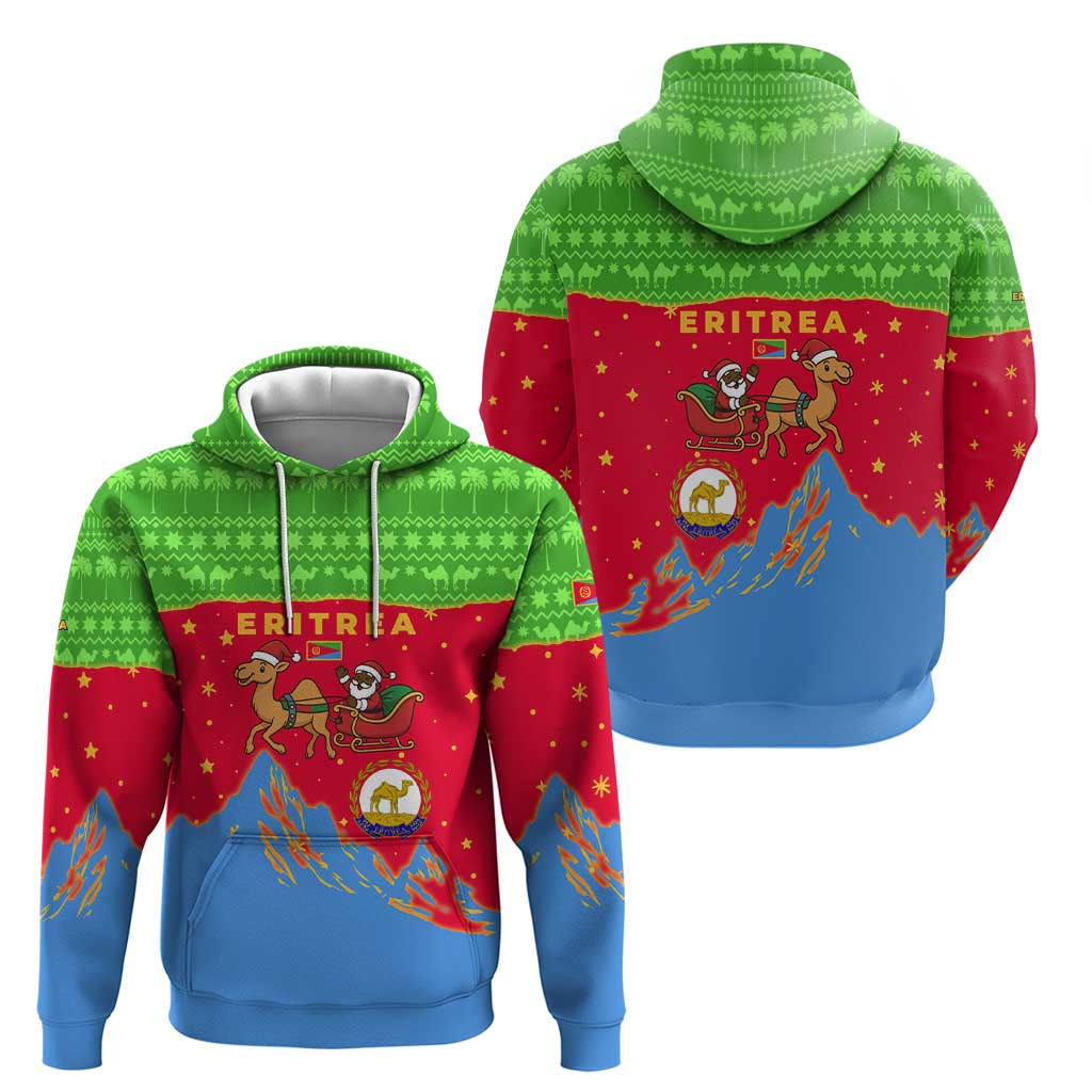Eritrea Christmas Hoodie with Santa Claus Camel Sleigh National Emblem and Red Green Blue Pattern - Wonder Print Shop