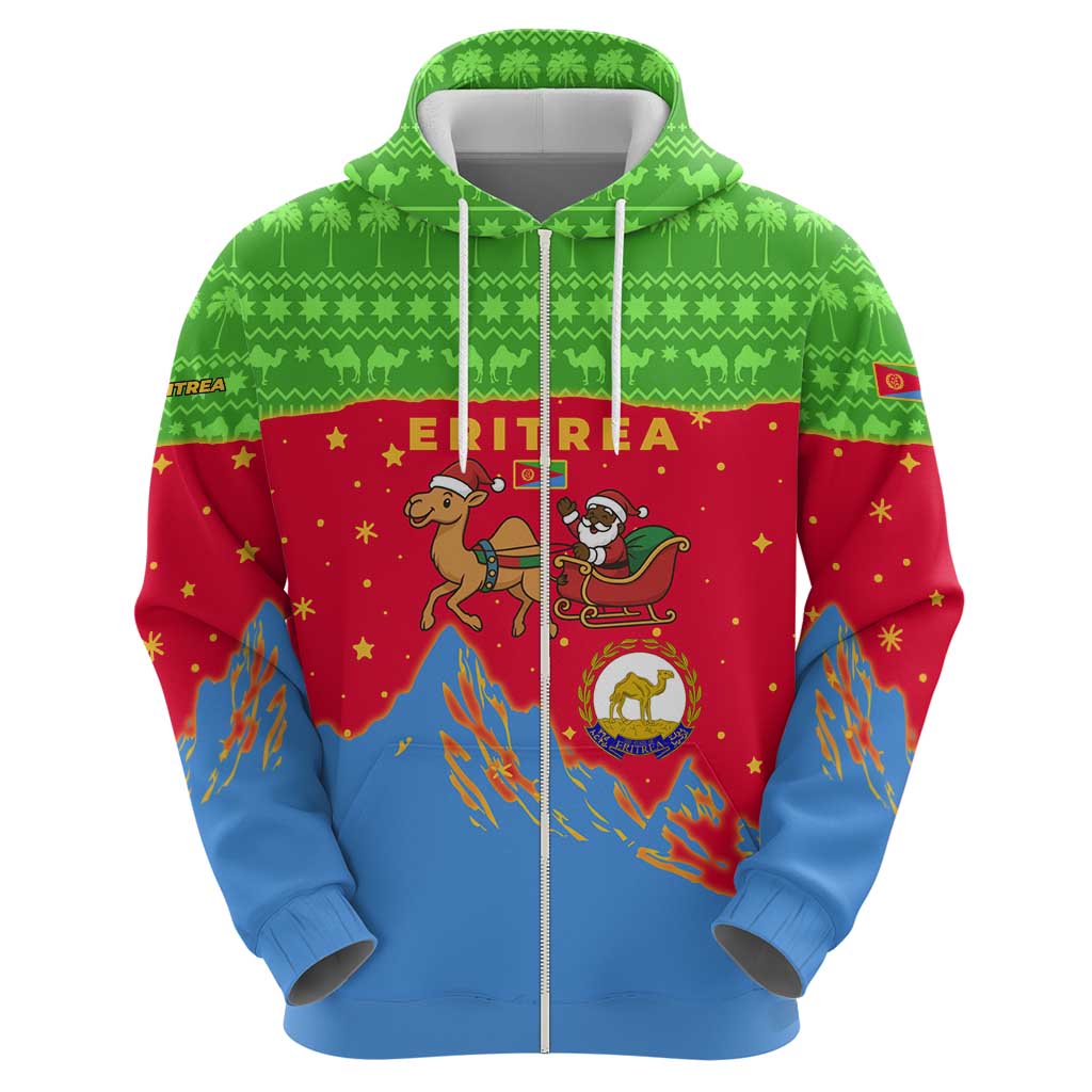 Eritrea Christmas Hoodie with Santa Claus Camel Sleigh National Emblem and Red Green Blue Pattern - Wonder Print Shop