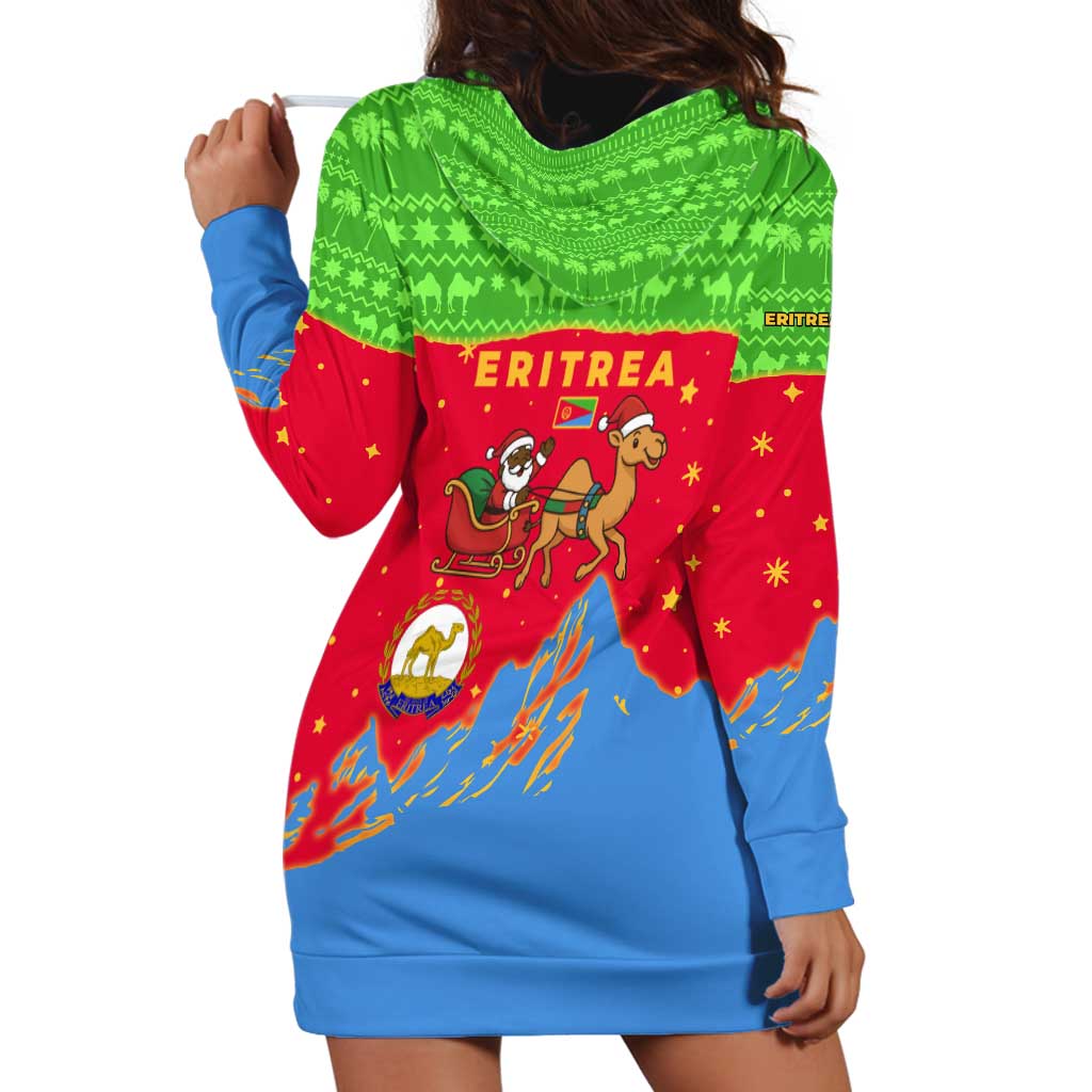Eritrea Christmas Hoodie Dress with Santa Claus Camel Sleigh National Emblem and Red Green Blue Pattern - Wonder Print Shop