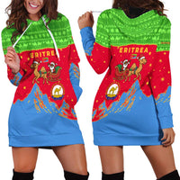 Eritrea Christmas Hoodie Dress with Santa Claus Camel Sleigh National Emblem and Red Green Blue Pattern - Wonder Print Shop
