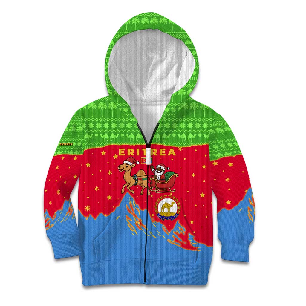 Eritrea Christmas Kid Hoodie with Santa Claus Camel Sleigh National Emblem and Red Green Blue Pattern - Wonder Print Shop