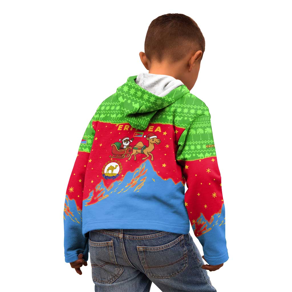 Eritrea Christmas Kid Hoodie with Santa Claus Camel Sleigh National Emblem and Red Green Blue Pattern - Wonder Print Shop