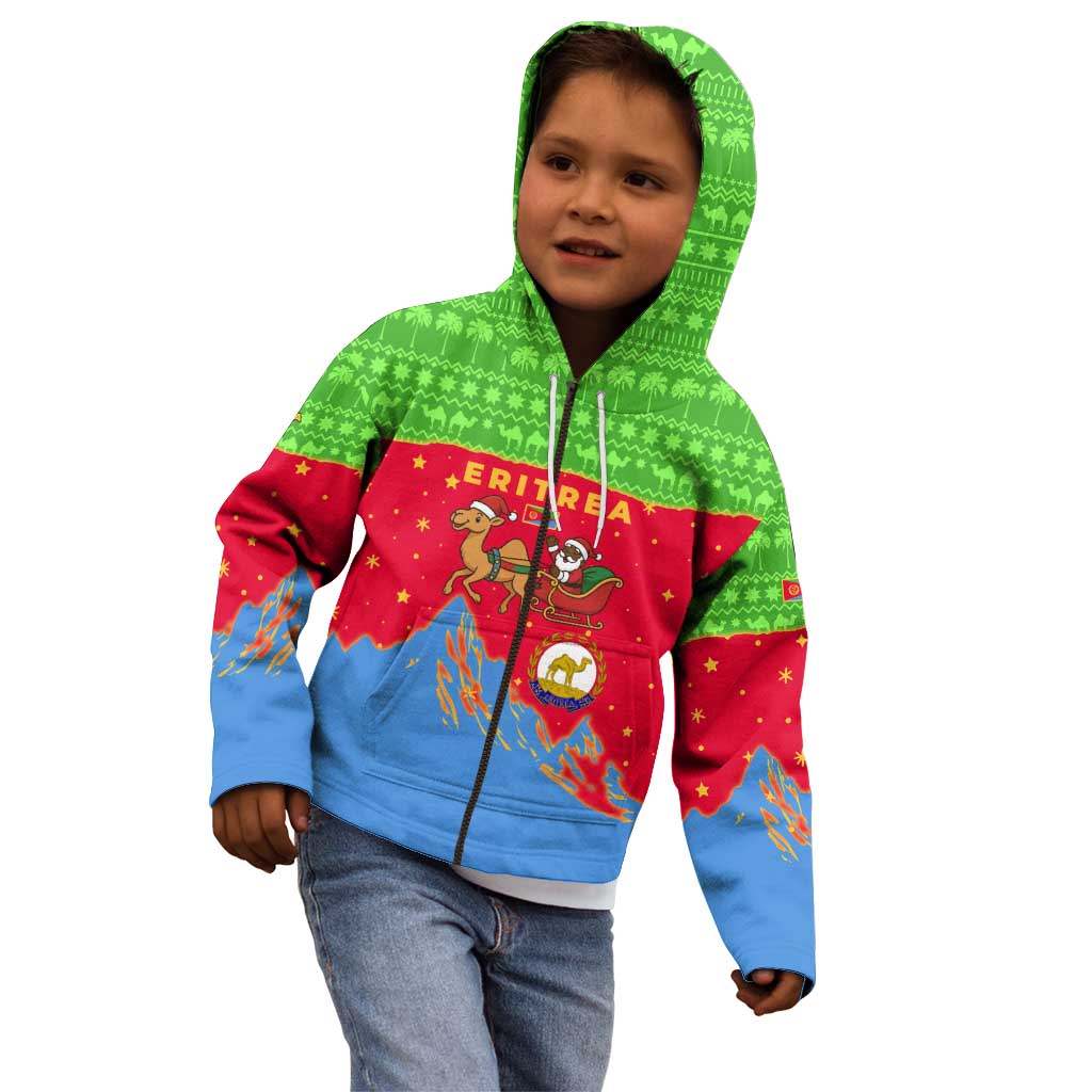 Eritrea Christmas Kid Hoodie with Santa Claus Camel Sleigh National Emblem and Red Green Blue Pattern - Wonder Print Shop