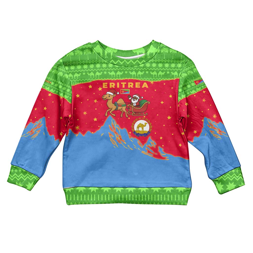 Eritrea Christmas Kid Ugly Christmas Sweater with Santa Claus Camel Sleigh National Emblem and Red Green Blue Pattern - Wonder Print Shop