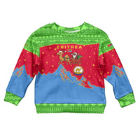 Eritrea Christmas Kid Ugly Christmas Sweater with Santa Claus Camel Sleigh National Emblem and Red Green Blue Pattern - Wonder Print Shop