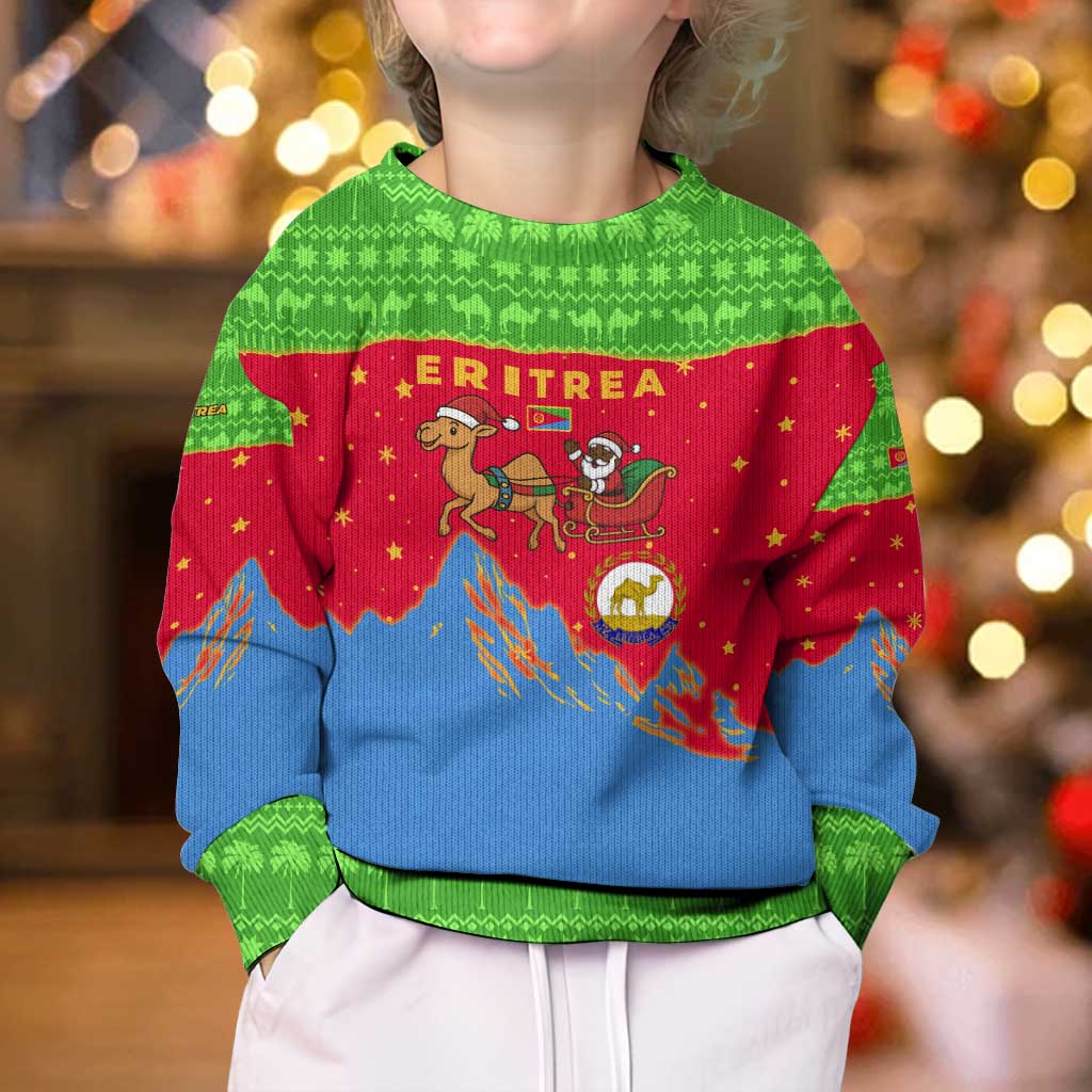 Eritrea Christmas Kid Ugly Christmas Sweater with Santa Claus Camel Sleigh National Emblem and Red Green Blue Pattern - Wonder Print Shop